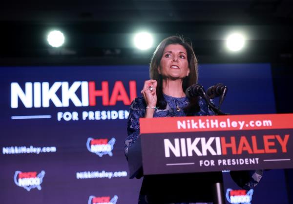 Republican presidential candidate former U.N. Ambassador Nikki Haley delivers remarks at her primary night rally at the Grappone Co<em></em>nference Center on January 23, 2024 in Concord, New Hampshire. 