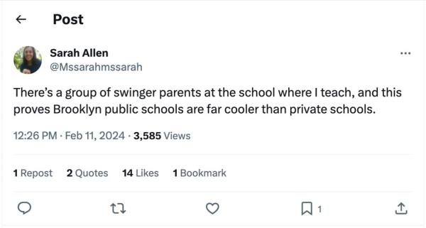 A screenshot of a tweet by Sarah Allen a<em></em>bout swinger parents at a school wher<em></em>e she teaches