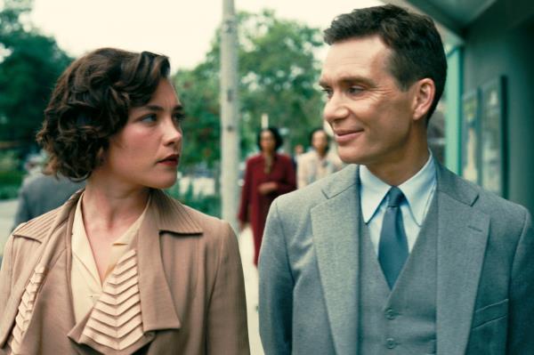 In the film, Robert Oppenheimer (played by Cillian Murphy) (right) and Jean Tatlock (Florence Pugh) (left) are engaged in sexual intercourse until Pugh, 27, walks over to a bookshelf and grabs a copy of 