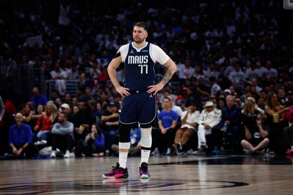 Luka Do<em></em>ncic #77 of the Dallas Mavericks during game five of the Western Co<em></em>nference First Round Playoffs at Crypto.com Arena on May 01, 2024 in Los Angeles, California. 