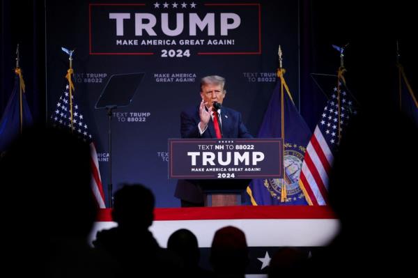Former president and 2024 GOP presidential candidate Do<em></em>nald Trump at a rally in Rochester, NH on Sunday, Jan. 21, 2024.