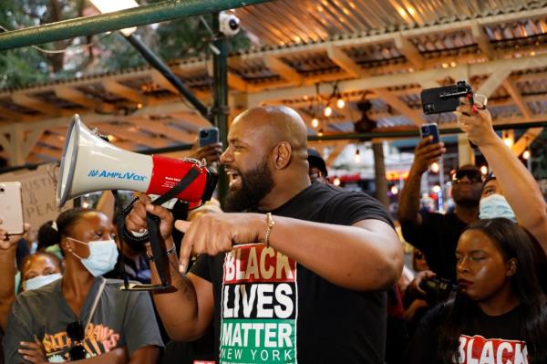 Hawk Newsome speaking during a press co<em></em>nference in NYC on Sept. 20, 2021.