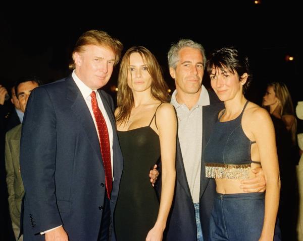 From left, American real estate developer Do<em></em>nald Trump and his girlfriend (and future wife), former model Melania Knauss, financier (and future co<em></em>nvicted sex offender) Jeffrey Epstein, and British socialite Ghislaine Maxwell pose together at the Mar-a-Lago club, Palm Beach, Florida, February 12, 2000