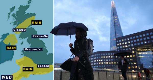 A side-by-side image of a map of the UK showing weather warnings and a commuter carrying an umbrella in London. 