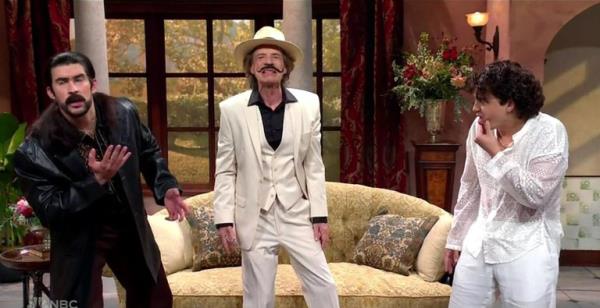 BGUK_2757243 - Los Angeles, CA - Mick Jagger makes surprise cameo during sketch on Saturday Night Live. The Rolling Sto<em></em>nes fro<em></em>ntman surprised everyone as he popped up during a skit featuring this week?s, singer and rapper Bad Bunny. The sketch poked fun at a Spanish Tele Novella style soap opera with Bad Bunny playing the villainous older brother of the star, played by Marcelo Hernandez. The pair argued in Spanish before fighting while the maid, played by SNL castmember Punkie Johnson, kept interrupting because she couldn?t read her lines and got co<em></em>nfused because her name was Latina. After starting the scene again, Jagger appeared in a white linen suit with a pencil moustache as the arguing brothers? ?Papa?. He gets in the middle of them and slaps them both and even speaks to them in Spanish ? before Latina interrupts the scene again and tells them she?s going to get her own show. This is far from Jagger's first time on the live sketch comedy show. The artist made his hosting and musical guest debut during an episode in 1978's Season Four. Fast forward to 2012 and he repeated as host and musical guest in a Season 37 episode. He's also appeared as a musical guest in three separate episodes. Counting two additio<em></em>nal episodes in which Jagger appeared, the week?s episode makes it the eighth time he's appeared as a guest on SNL. *BACKGRID DOES NOT CLAIM ANY COPYRIGHT OR LICENSE IN THE ATTACHED MATERIAL. ANY DOWNLOADING FEES CHARGED BY BACKGRID ARE FOR BACKGRID'S SERVICES ONLY, AND DO NOT, NOR ARE THEY INTENDED TO, Co<em></em>nVEY TO THE USER ANY COPYRIGHT OR LICENSE IN THE MATERIAL. BY PUBLISHING THIS MATERIAL , THE USER EXPRESSLY AGREES TO INDEMNIFY AND TO HOLD BACKGRID HARMLESS FROM ANY CLAIMS, DEMANDS, OR CAUSES OF ACTION ARISING OUT OF OR Co<em></em>nNECTED IN ANY WAY WITH USER'S PUBLICATION OF THE MATERIAL* Pictured: Mick Jagger, Bad Bunny, Marcelo Hernandez BACKGRID UK 22 OCTOBER 2023 BYLINE MUST READ: NBC / BACKGRID UK: +44 208 344 2007 / uksales@backgrid.com USA: +1 310 798 9111 / usasales@backgrid.com *Pictures Co<em></em>ntaining Children Please Pixelate Face Prior To Publication*