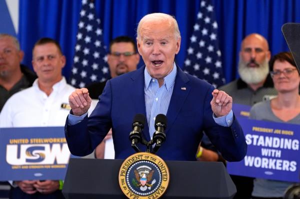 President Joe Biden speaks at the United Steelworkers Headquarters in Pittsburgh, Wednesday, April 17, 2024. 