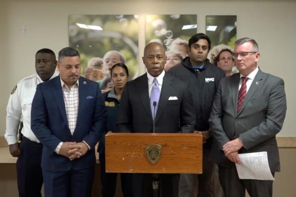New York City Mayor Eric Adams and Police Commissio<em></em>ner Eddie Caban and politicians hold a midnight press co<em></em>nference a<em></em>bout the Bronx day care center toddler death.