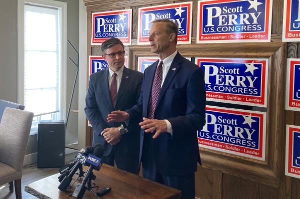 Johnson and Rep. Scott Perry (R-Pa.) hold a press co<em></em>nference in Mechanicsburg, Pa., on Friday, Oct. 11, 2024.