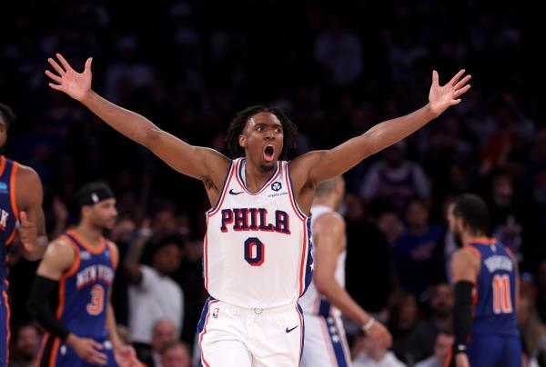 Tyrese Maxey #0 of the Philadelphia 76ers reacts in the fourth quarter against the New York Knicks