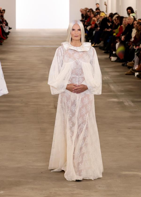 A model walks the runway in a white dress for the Batsheva fashion show during NYFW: The Shows in the Starrett-Lehigh Building.