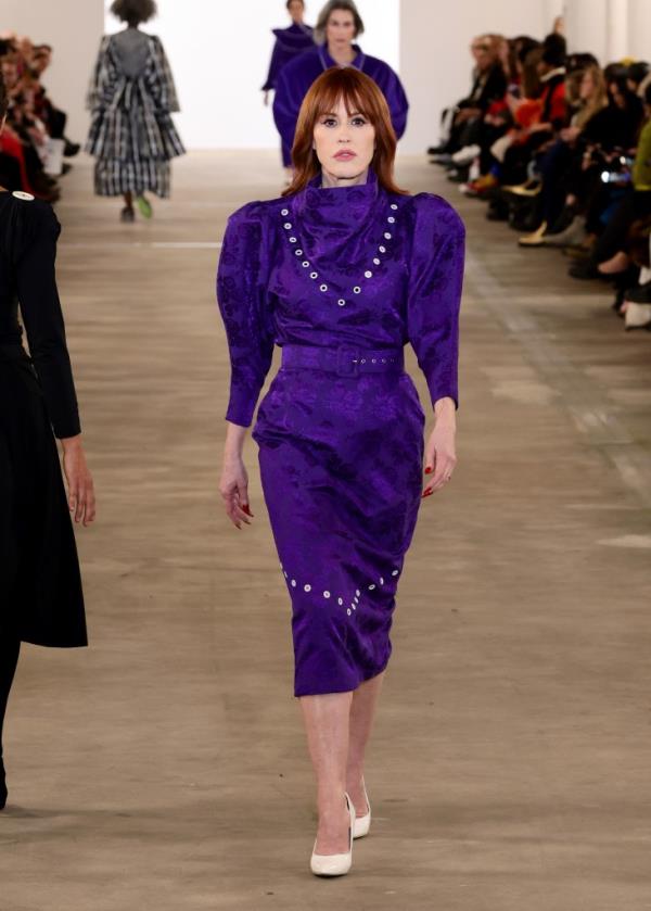 Molly Ringwald walks the runway in a purple dress during Batsheva's fashion show at NYFW: The Shows in New York City on February 13, 2024.