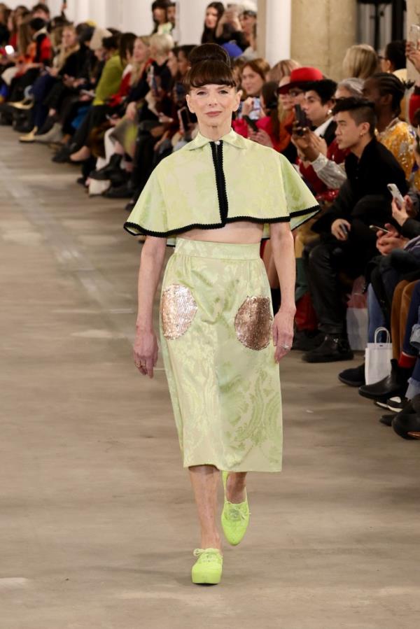 A female model walks down a runway, at the Batsheva fashion show during NYFW: The Shows in the Starrett-Lehigh Building in NYC.