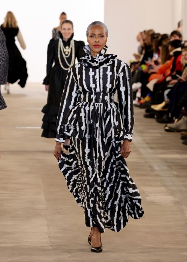 A model walks the runway wearing a dress at the Batsheva fashion show during New York Fashion Week.