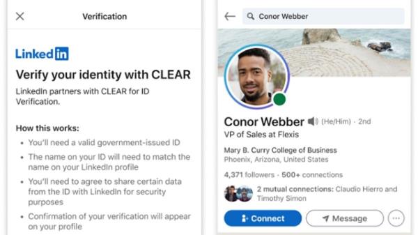 A screenshot of a phone displaying l<em></em>inkedIn platform wher<em></em>e users can verify their identity and work.