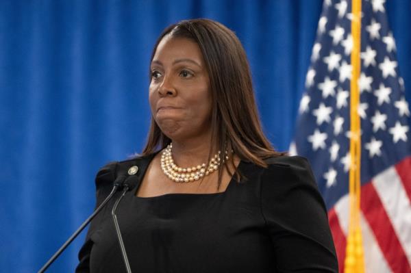 New York Attorney General Letitia James holds a press co<em></em>nference in Manhattan after ruling against former President Do<em></em>nald Trump. REUTERS/David Dee Delgado