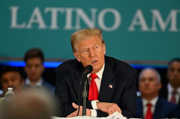 Former US President Do<em></em>nald Trump speaking at a roundtable discussion with Latino community leaders at Trump Natio<em></em>nal Doral Miami resort in Miami, Florida.