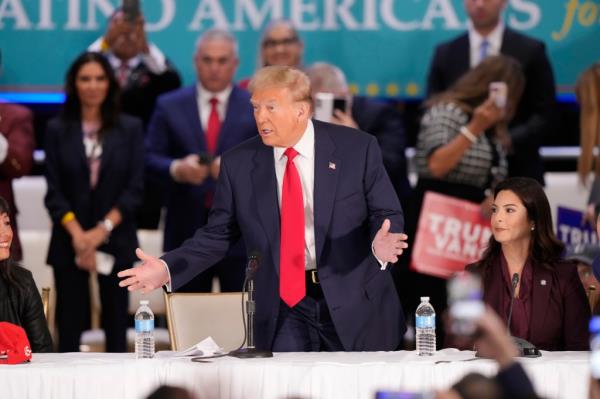 Former President Do<em></em>nald Trump participating in a roundtable with Latino leaders in Doral, Florida, ahead of a North Carolina rally in 2024