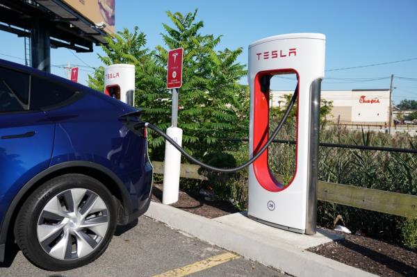 A general view of a Tesla Supercharger or Tesla Superchargers in Woodbridge, NJ as seen on September 1, 2023.
