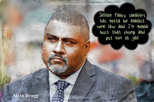 Photoshopped image of Alvin Bragg in a suit and tie with a black cloud that says in white writing, 