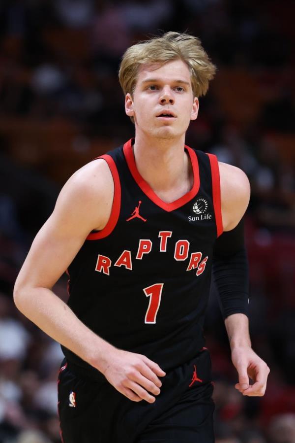 Gradey Dick #1 of the Toro<em></em>nto Raptors looks on against the Miami Heat.