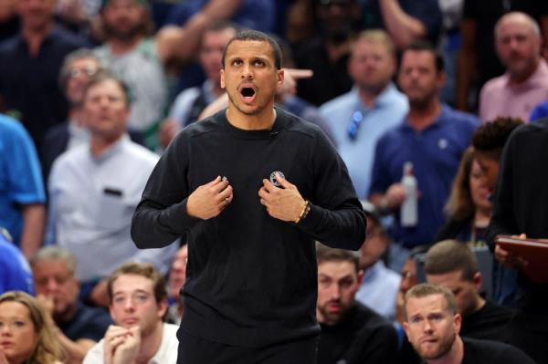 Boston Celtics head coach Joe Mazzulla reacts after a play against the Dallas Mavericks during the second quarter during game three of the 2024 NBA Finals.