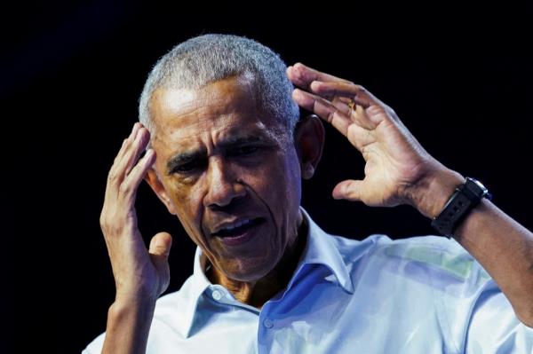 Former President Obama speaks during a campaign rally for Vice President Kamala Harris in Philadelphia, PA. on Oct. 28, 2024.