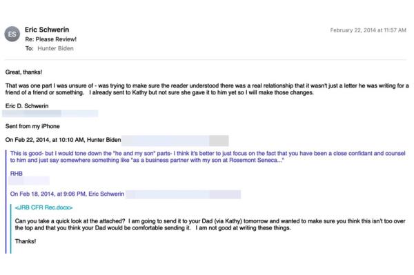 Hunter Biden called biz partner 'close confidant' to his father, Biden: email - Eric Schwerin.