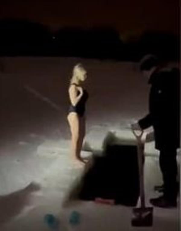 Anna Uskova, Anna jumping into the ice hole, Anna with her husband Yuri. A mum died after she jumped into Oredezh River in Vyra, just south of St Petersburg, Russia to celebrate Christian Orthodox Epiphany.