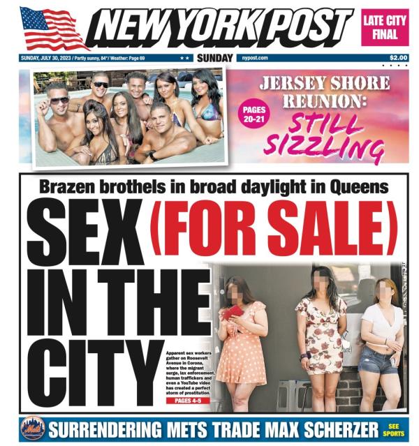 New York Post 'sex for sale' front page.