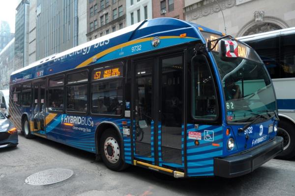 An MTA hybrid bus is seen in Manhattan, New York City.
