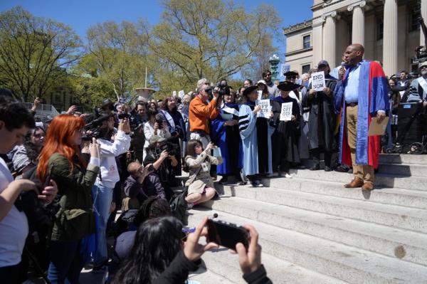 Columbia faculty members at a rally amid the student protests.