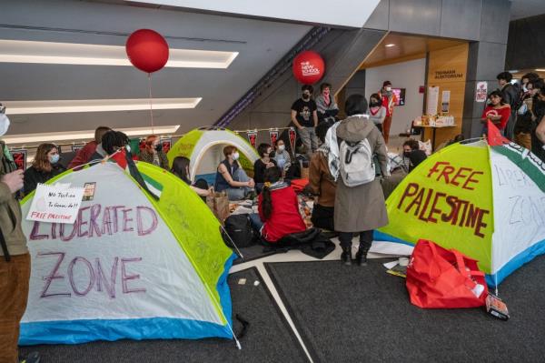 Anti-Israel protestors in tents in the lobby of a building in The New School on April 21, 2024.
