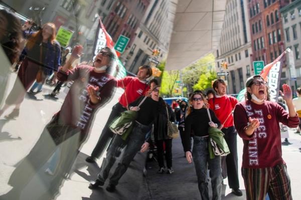 New School students rallying outside the campus on April 22, 2024.