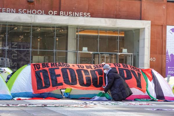Tents set up outside of the NYU Stern School of Business for an anti-Israel protest.