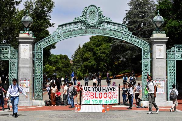 An anti-Israel protest in front of Satner Gate at UC Berkeley on April 22, 2024.