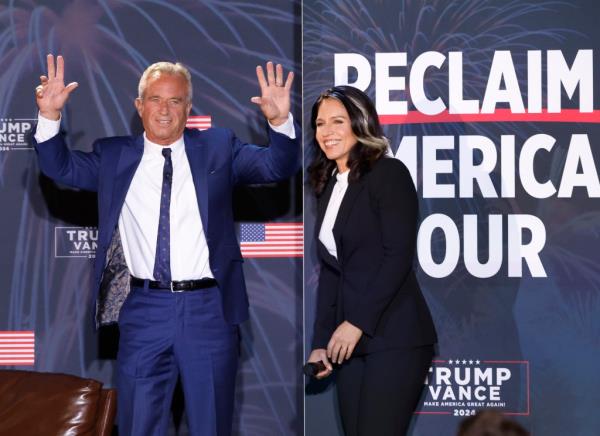 Independent presidential candidate Robert F. Kennedy Jr. and former Democratic Rep. Tulsi Gabbard take the stage during 