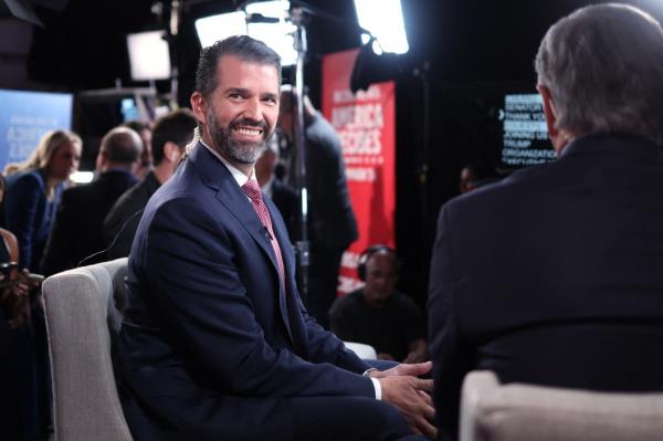 Do<em></em>nald Trump Jr. smiling during an interview with a Fox News reporter after the Vice Presidential debate at the CBS Broadcast Center in New York.