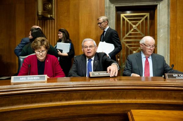 February 28, 2024, Washington, District Of Columbia, USA: U.S. Senators JEANNE SHAHEEN (D-NH), BOB MENENDEZ (D-NJ) and BEN CARDIN (D-MD) at a hearing of the Senate Foreign Relations Committee at the U.S. Capitol. (Credit Image: ? Michael Brochstein/ZUMA Press Wire)