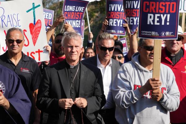 Catholic bishop Joseph Strickland of Tyler, Texas walks during a procession to to protest the Los Angeles Dodgers ho<em></em>noring the pro-LGBTQ+ group Sisters of Perpetual Indulgence.