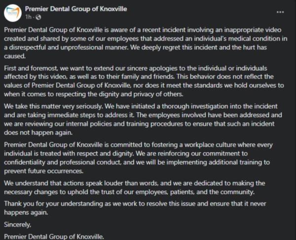 Premier Dental Group of Knoxville statement on Facebook