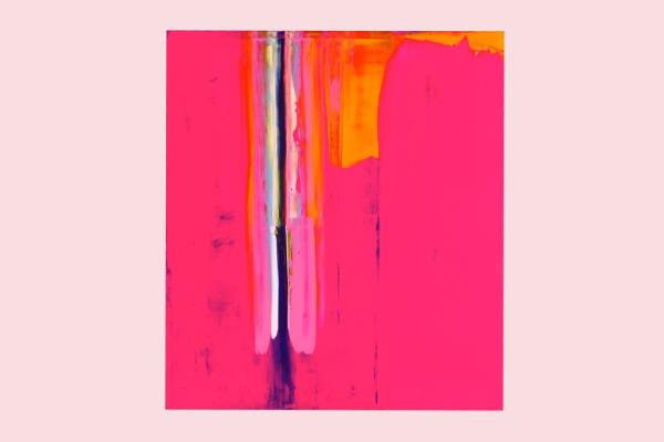 A pink and orange abstract painting titled 'Vivid Life' by David Pher