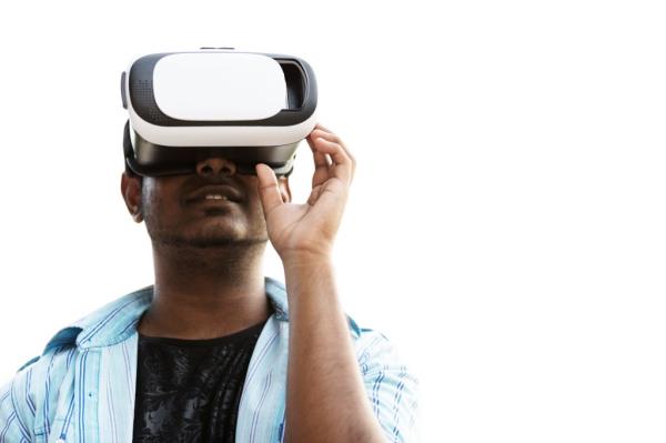 man wearing virtual reality goggles.