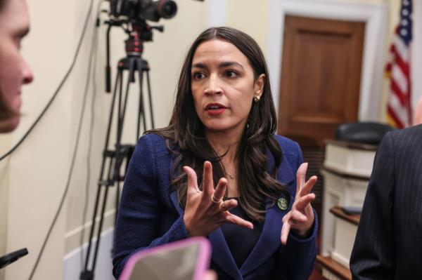 Rep. Alexandria Ocasio-Cortez (D-NY) speaks to journalists following a roundtable discussion on Supreme Court Ethics co<em></em>nducted by Democrats of the House Oversight and Accountability Committee at the Rayburn House Office Building on June 11, 2024 in Washington, DC. 
