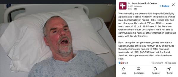 Hospital's post a<em></em>bout unidentified man found on street and now being treated