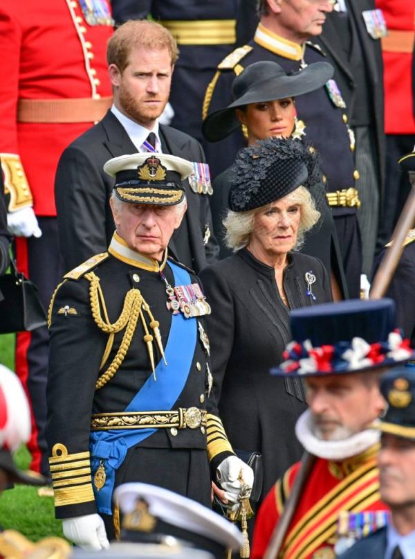 Members of the royal family, including Catherine, Princess of Wales, Princess Charlotte, Prince William, and Prince Harry, at the State Funeral of Queen Elizabeth II in London.