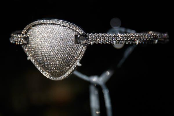 Slick Rick's diamond encrusted eye patch on display at the Ice Cold: An Exhibition of Hip-Hop Jewelry at the American Museum of Natural History.