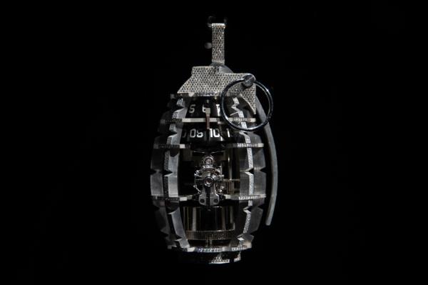 14-carat gold-and-diamond wearable grenade-clock made by Moss and L'epee 1839, displayed at the Exhibition of Hip-Hop Jewelry