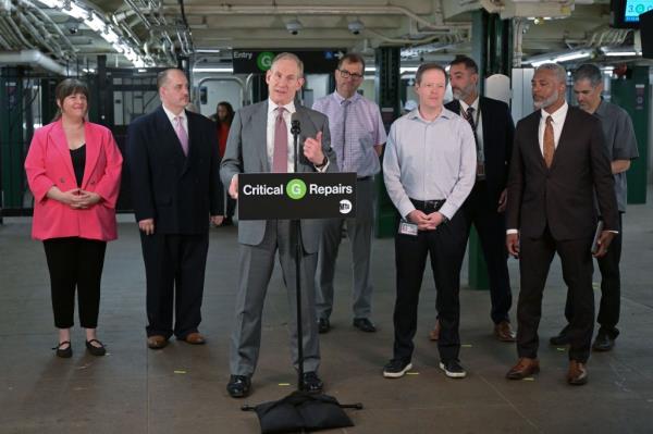 Janno Lieber, MTA Chair and CEO, makes a service announcement related to the upcoming signal modernization work planned for the G line at the Greenpoint Avenue subway station on June 12, 2024 in New York City.