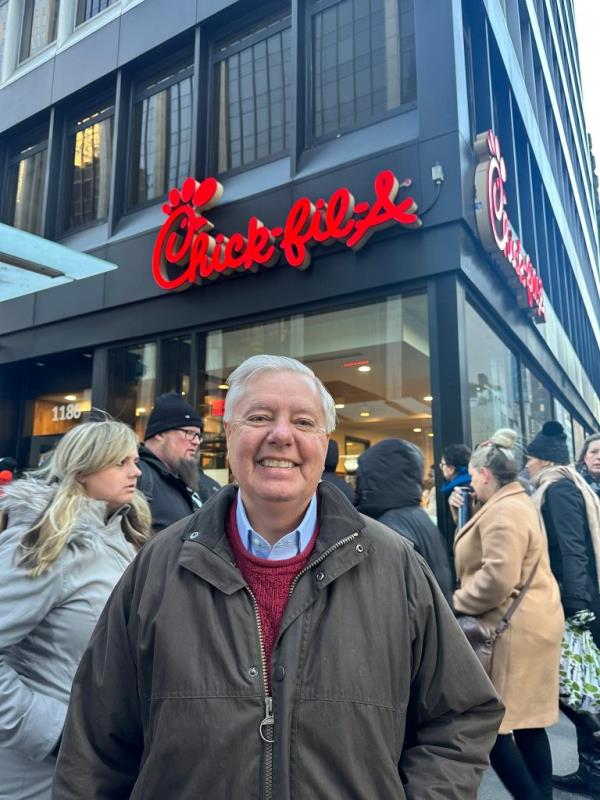South Carolina Sen. Lindsey Graham in front of a chik-fil-a