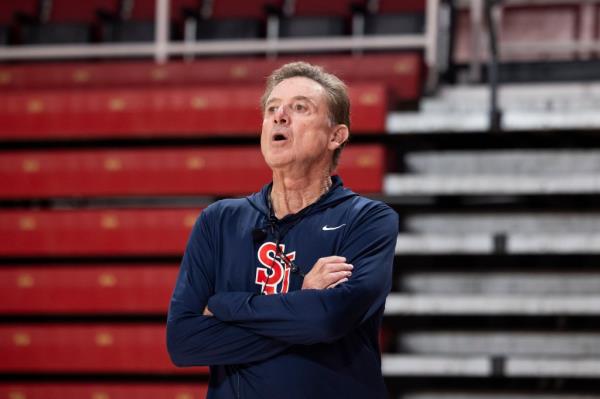 Rick Pitino gives instruction as the St Johns Red Storm mens basketball team host an open practice in Carnesecca Arena at St Johns. 